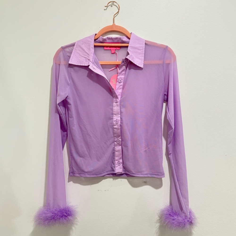 Sheer Purple Button-Up Blouse with Feather Cuffs